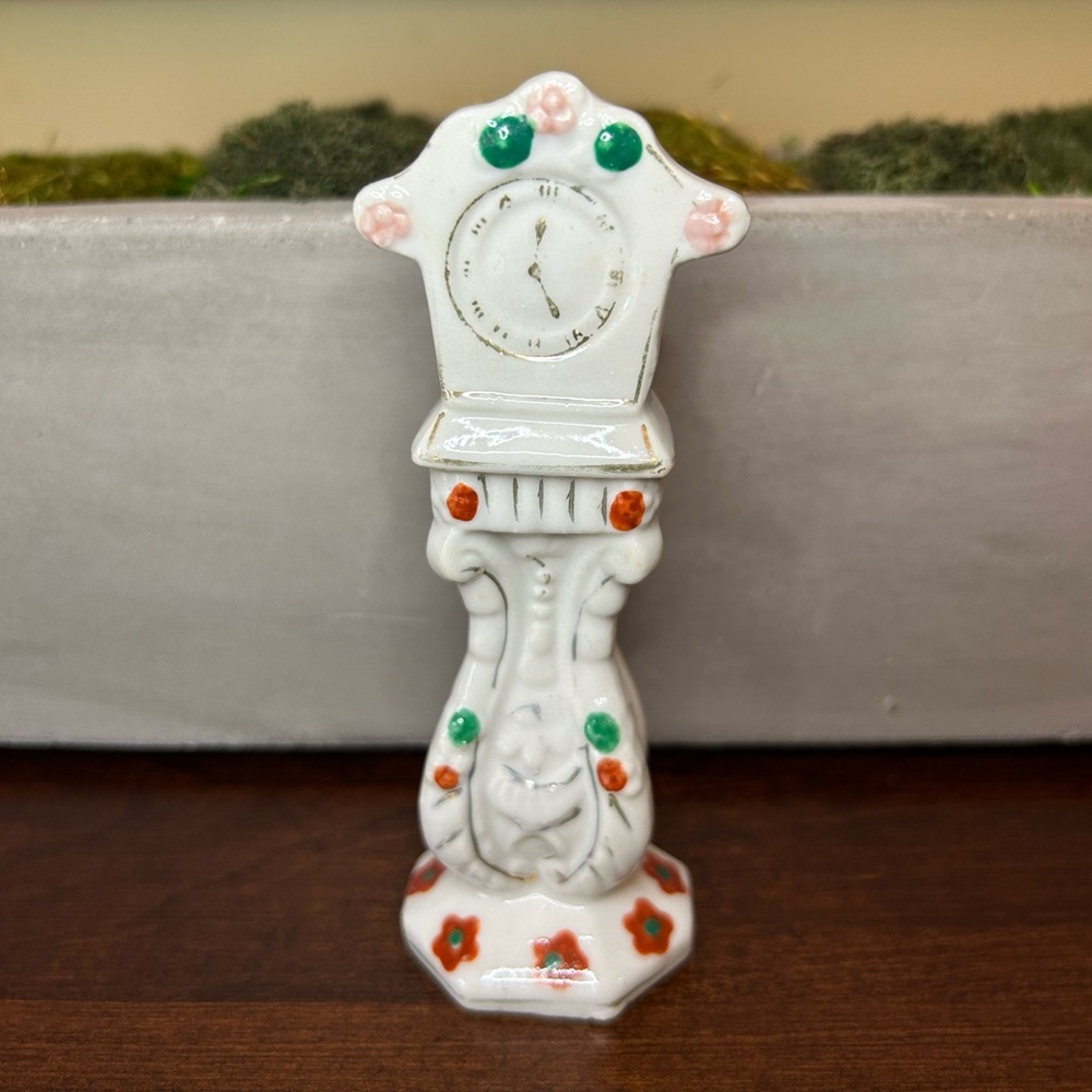 Vintage Grandfather Clock Porcelain Figurine 5” White with Flower Occupied Japan